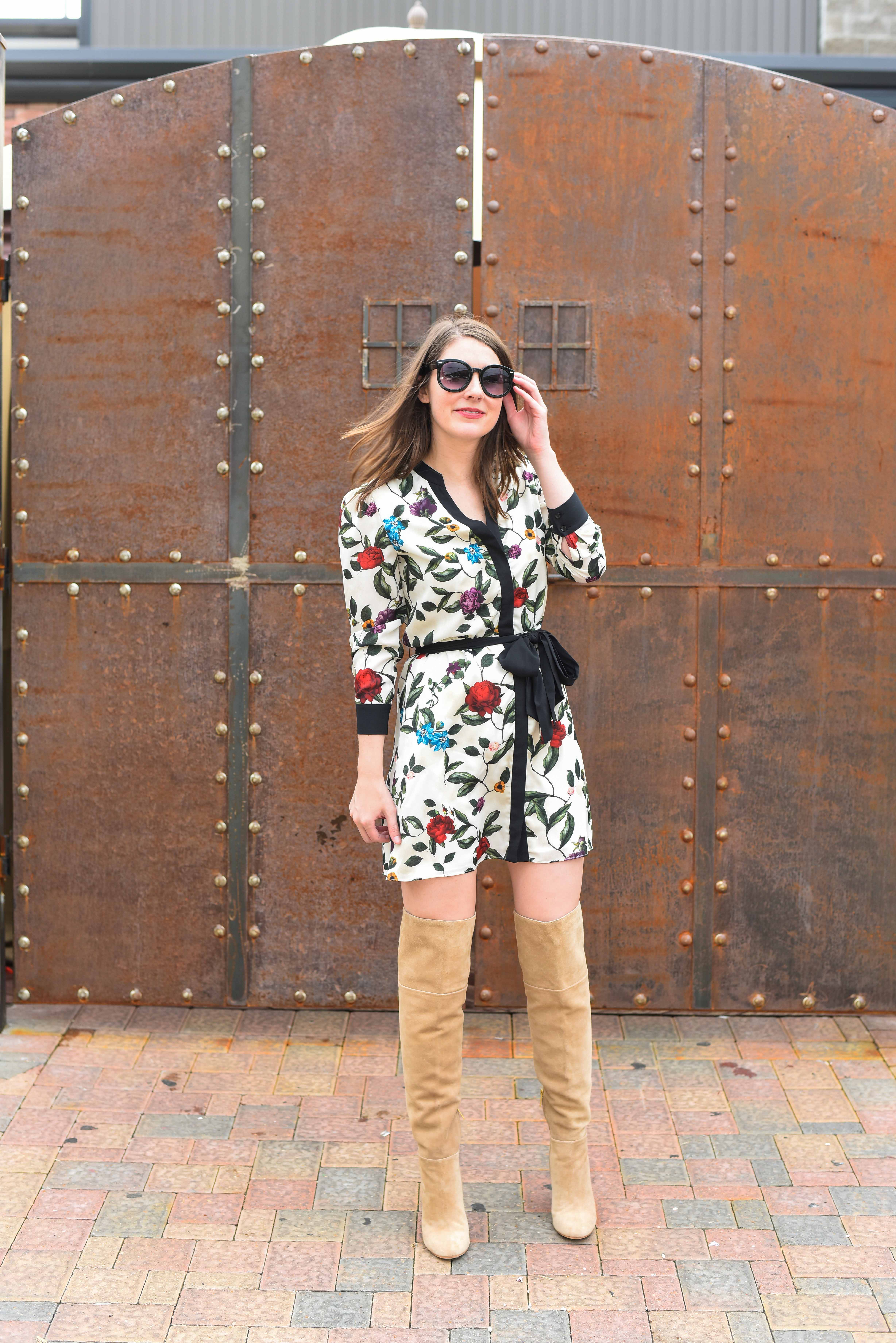 Alice and Olivia printed dress and Joie Knee High Boots