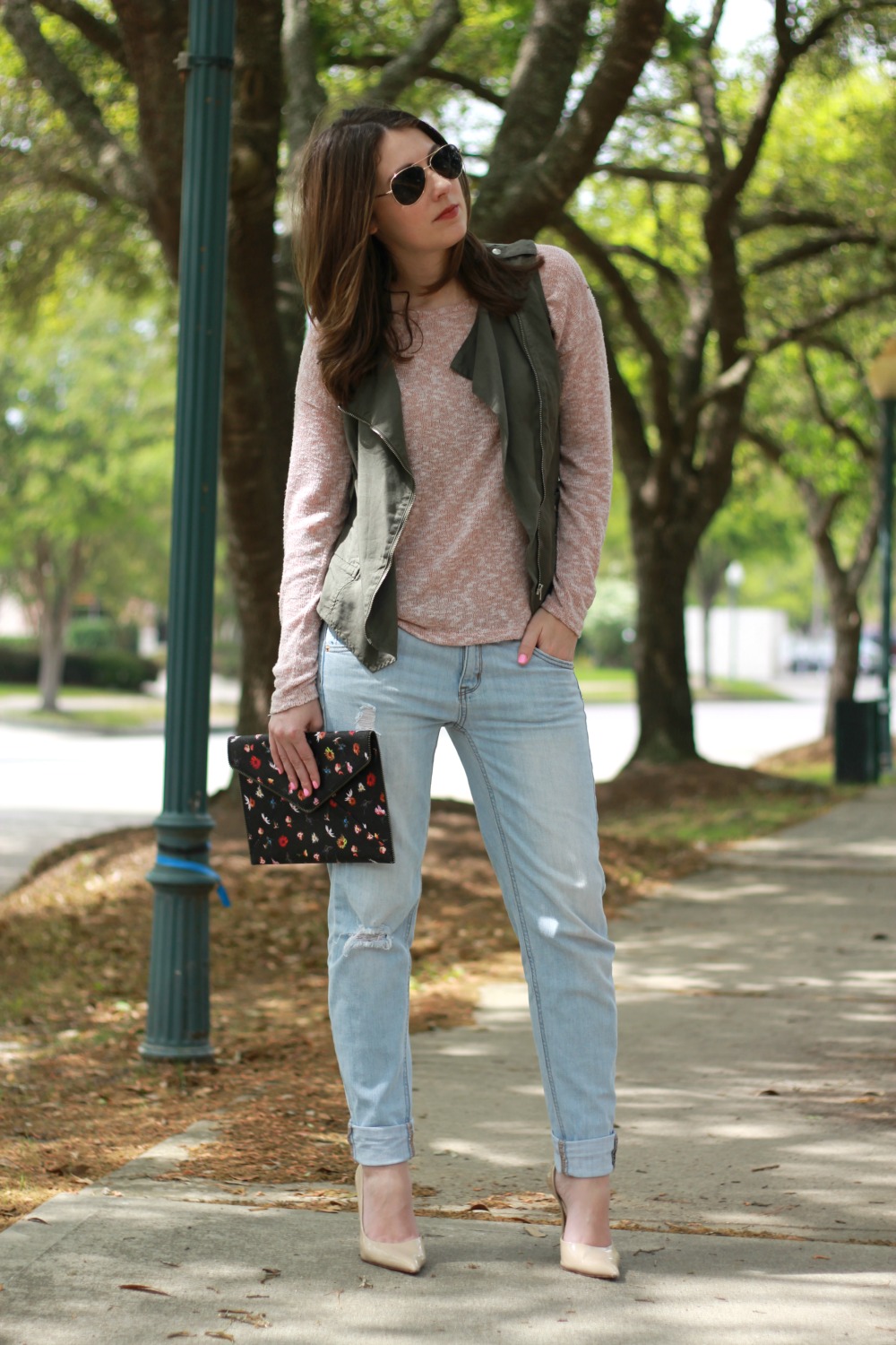 blush, army, ripped jeans