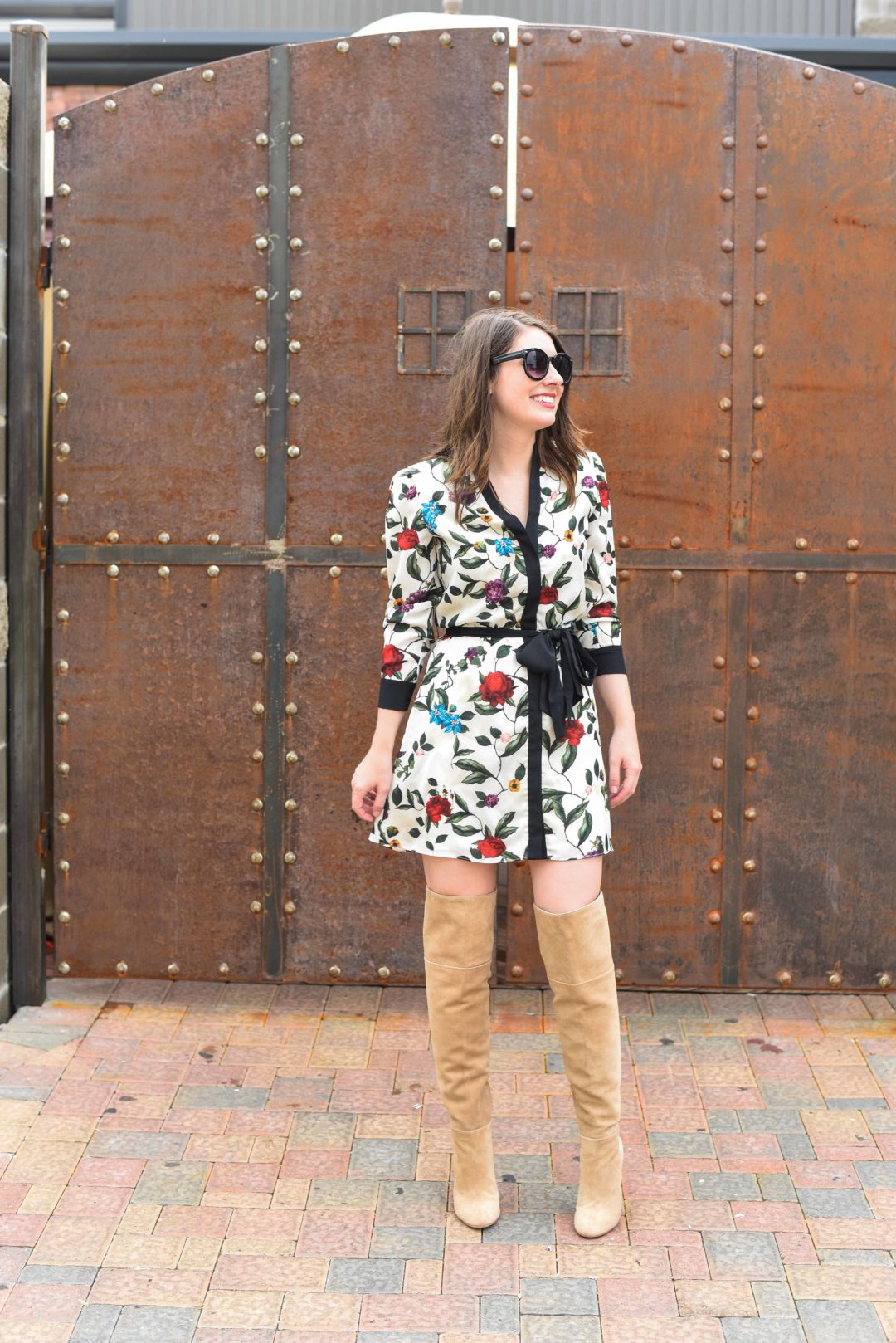 Alice and Olivia printed dress and Joie Knee High Boots